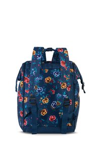 Bloemenpatroon rugzak van marineblauwe stof, met kleurrijke geborduurde bloemen, verstelbare schouderbanden en twee zijvakken.