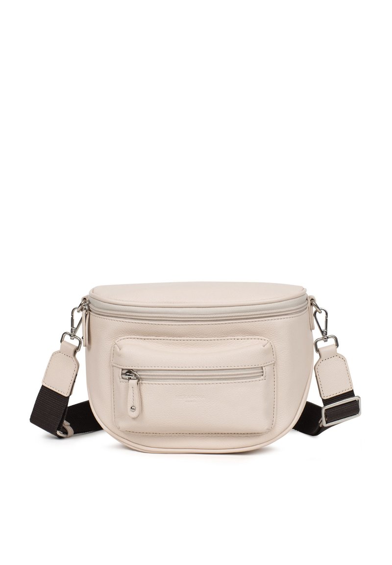 Borsa rotonda in pelle color crema con superficie testurizzata, chiusura con zip superiore e tasca frontale con zip; dotata di una tracolla regolabile.