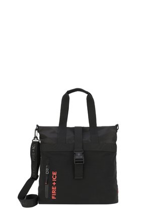 Borsa tote nera con due manici superiori, tracolla staccabile, chiusura con fibbia frontale e logo rosso "FIRE+ICE" sulla tasca frontale.