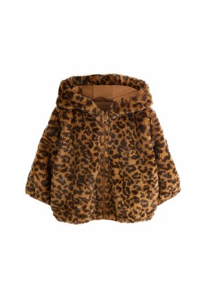 Leopardmönstrad fuskpälsjacka med huva, med dragkedjestängning, korta ärmar och en mjuk, strukturerad yta i bruna och beige nyanser.