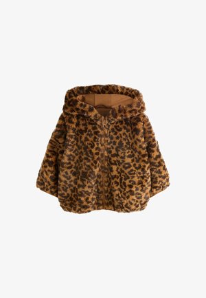 Jachetă din blană artificială cu imprimeu leopard, dotată cu glugă, cu închidere prin fermoar, mâneci scurte și o suprafață moale, texturată în nuanțe de maro și bej.