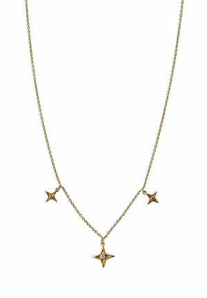 Collar delicado de cadena de oro con tres colgantes en forma de estrella, el del centro con una pequeña gema clara.