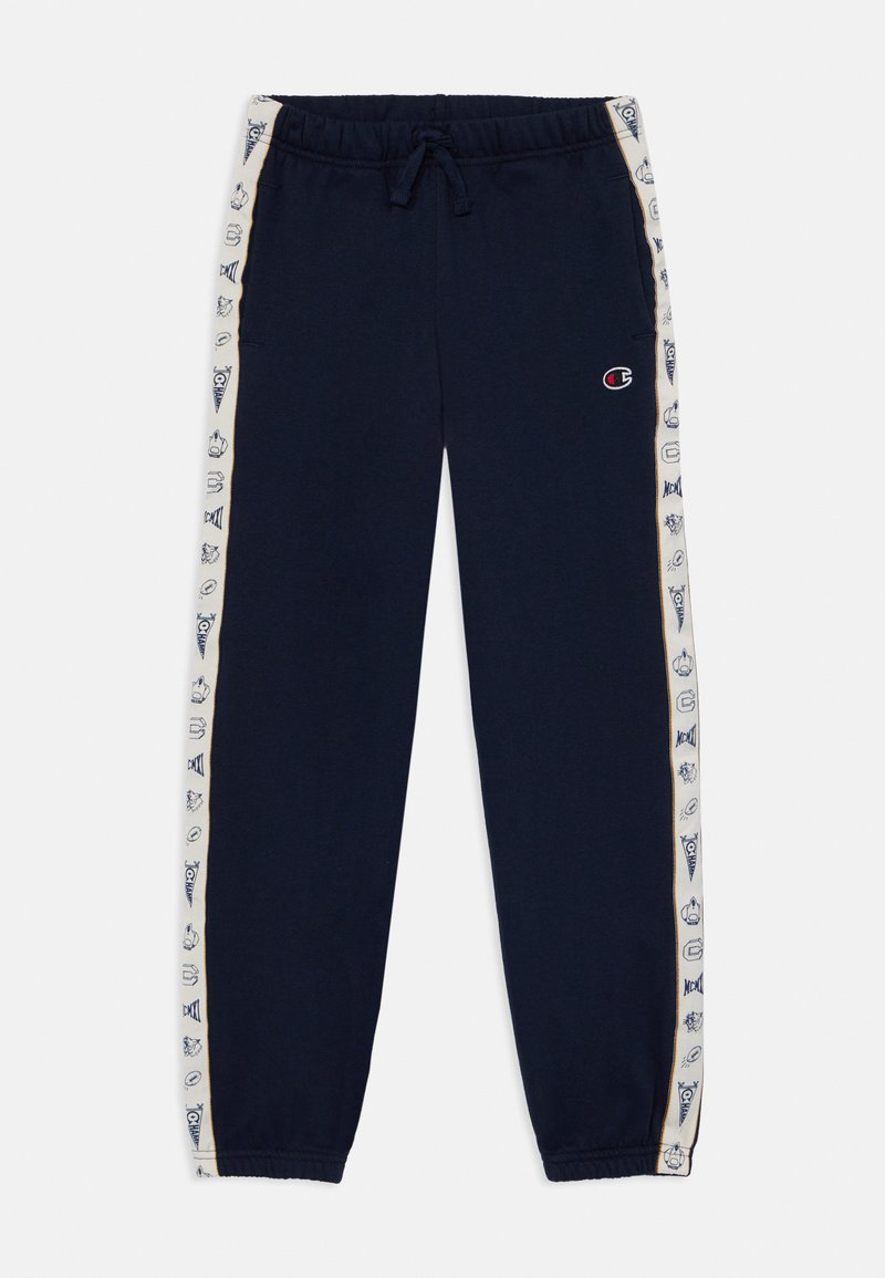 Navy sweatpants with a drawstring waist. Side stripes feature various patterns. Made from soft fabric, tapered at the ankles. Champion logo present.