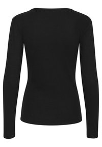Maglietta nera a maniche lunghe realizzata in tessuto a costine. Presenta un collo rotondo e una vestibilità slim, con una texture liscia e senza motivi o dettagli visibili.
