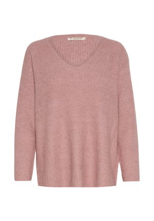 Maglione rosa a maglia con scollo a V, maniche lunghe e texture a coste. Presenta una vestibilità morbida e spacchi laterali all'orlo.