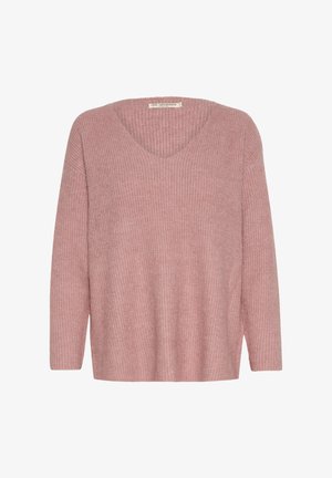 Rózsaszín kötött pulóver V-nyakkal, hosszú ujjakkal és bordázott textúrával. Lazán szabott, oldalsó hasítékokkal a szegélynél.