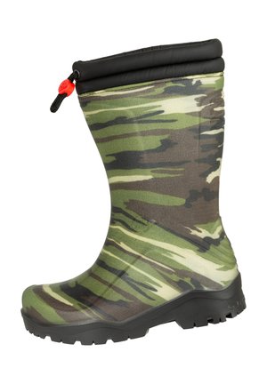Green and brown camouflage rubber boot with black sole, padded black cuff, and red toggle on drawstring closure at the top.