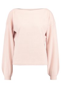 Jasnoróżowy sweter dziewiarski z dekoltem typu off-the-shoulder, długimi rękawami i ściągaczami. Miękka tekstura i luźny krój.