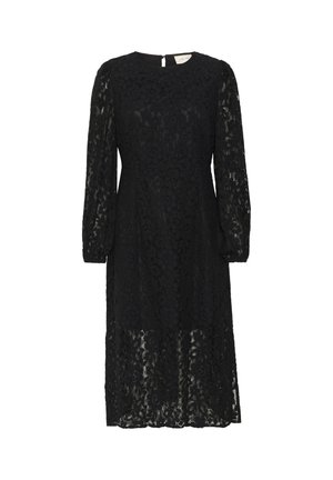 Schwarzes Spitzenkleid mit langen Ärmeln, rundem Ausschnitt und knielangem Saum. Blumendesign und Rückenreißverschluss.