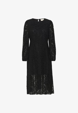 Juoda nėriniuota suknelė su ilgomis rankovėmis, apvaliu iškirpimu ir kelių ilgio sijonu. Gėlių raštas ir užtrauktukas nugarėlėje.