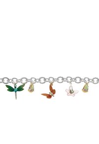 Silver chain bracelet featuring five colored charms: green dragonfly, orange butterfly, pink flower, and two gem-like accents.