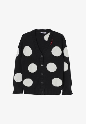 Cardigan nero con grandi pois bianchi, scollo a V, chiusura con bottoni, polsini a coste e dettagli ricamati rossi. Materiale morbido in maglia.