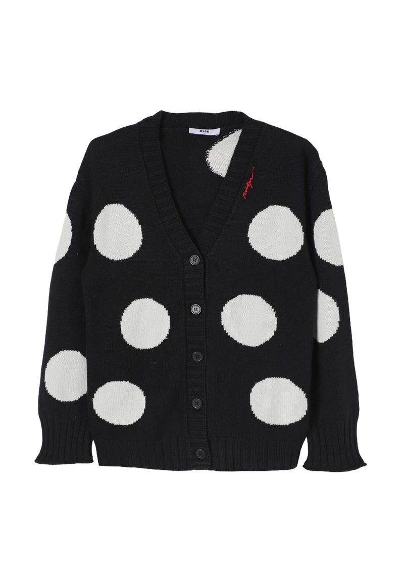 Cardigan nero con grandi pois bianchi, scollo a V, chiusura con bottoni, polsini a coste e dettagli ricamati rossi. Materiale morbido in maglia.