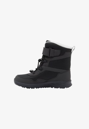 Black winter boot featuring a textured upper, soft fleece lining, and a durable sole. It has a lace closure and adjustable straps for fit.
