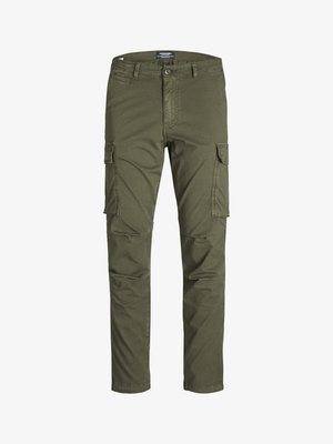 Olive green cargo pants made of cotton, featuring multiple side pockets, a straight-leg design, and a button and zipper closure.