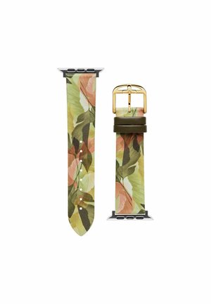 Arany csattal ellátott Apple Watch szíj, zöld, bézs és barackvirág levelek mintázatával bőrszíjon.