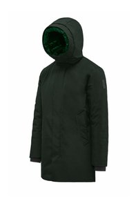 Parka coat isolato di un verde scuro con cappuccio, presentante una fodera interna verde lucida, tasche laterali e un design a taglio dritto.