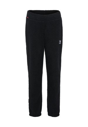 Zwarte fleece broek met een zachte textuur, taps toelopend ontwerp en elastische tailleband. Heeft een klein logo aan de voorkant en gladde randen.