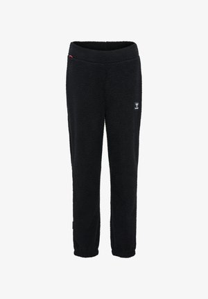 Schwarze Fleece-Hosen mit weicher Textur, schmal zulaufendem Design und elastischem Bund. Mit einem kleinen Logo auf der Vorderseite und glatten Kanten.
