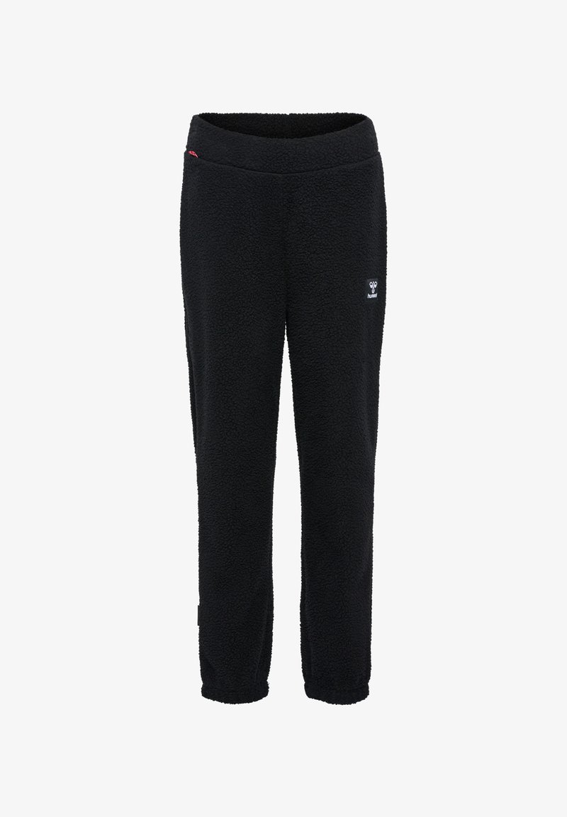 Zwarte fleece broek met een zachte textuur, taps toelopend ontwerp en elastische tailleband. Heeft een klein logo aan de voorkant en gladde randen.