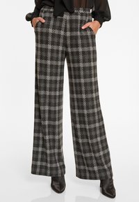 Wijdbenige broek in een zwart-grijs ruitpatroon, met zijzakken en een gladde textuur, gecombineerd met zwarte pumps met een puntige neus.