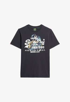 T-shirt in cotone nero con stampa grafica vintage in blu e bianco, collo rotondo, maniche corte e vestibilità relax.