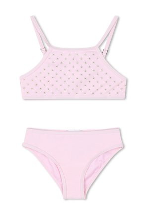 Set bikini rosa con top corto decorato con fiori e spalline regolabili, abbinato a slip bikini coordinati.