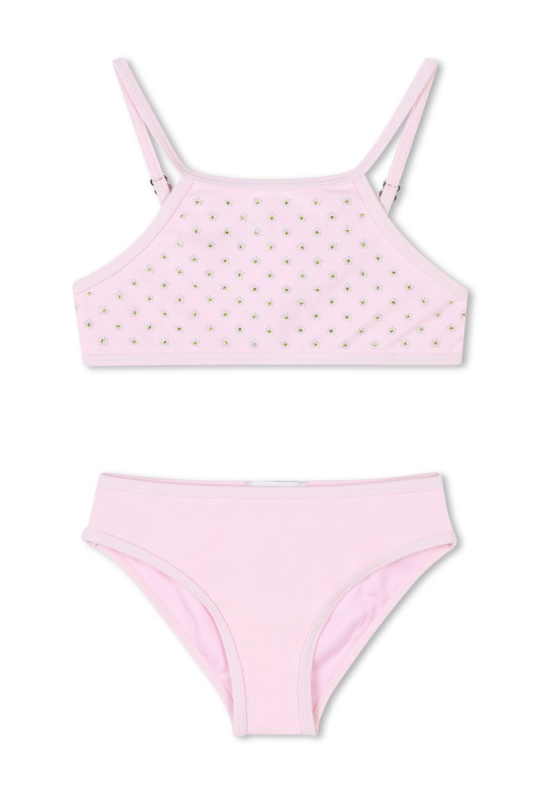 Set bikini rosa con top corto decorato con fiori e spalline regolabili, abbinato a slip bikini coordinati.