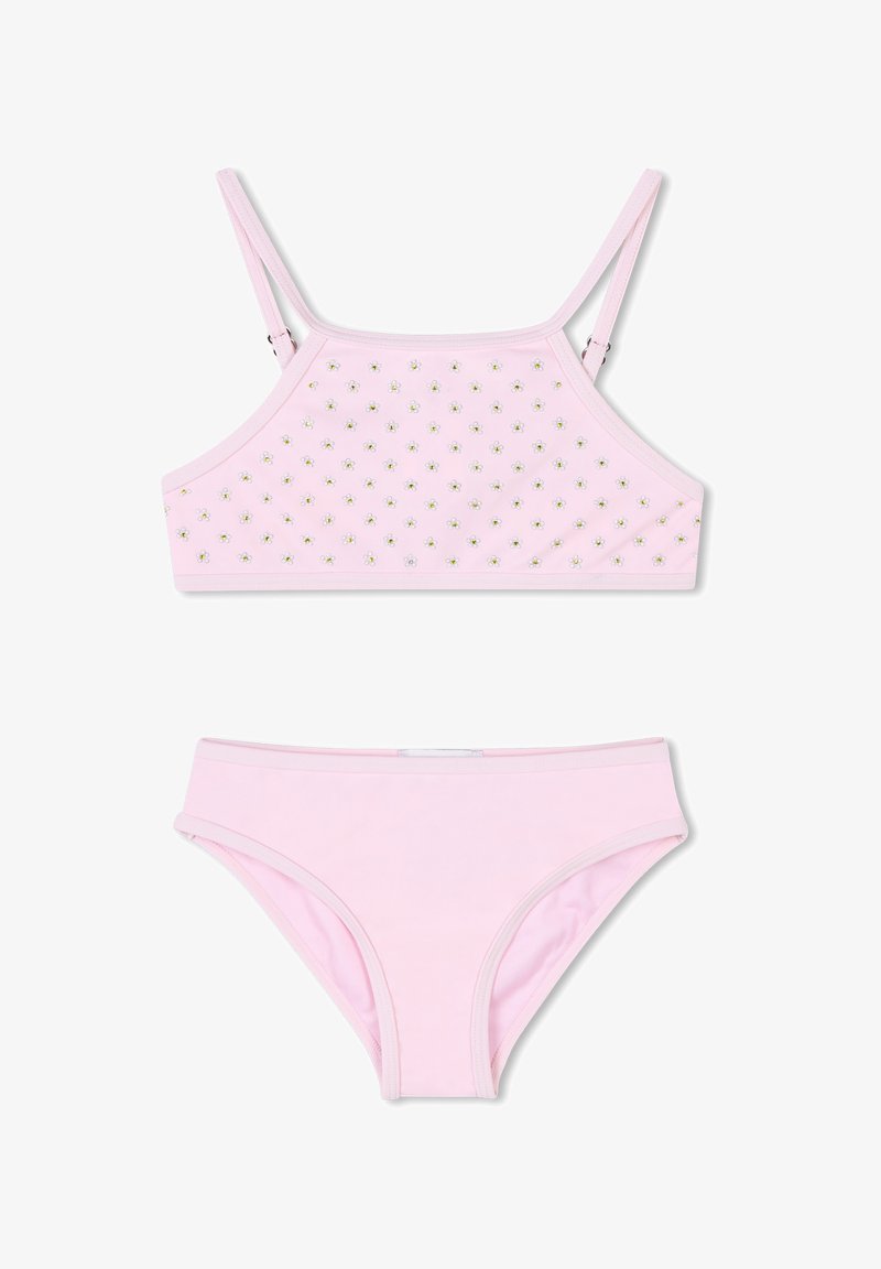 Set bikini rosa con top corto decorato con fiori e spalline regolabili, abbinato a slip bikini coordinati.