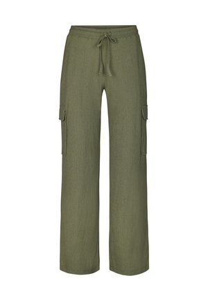 Olijfgroene wijde cargobroek van textuurstof met een elastische tailleband en trekkoord, voorzien van zijzakken en een comfortabele pasvorm.