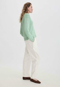 Hellgrüner Strickpullover mit lockerer Passform, kombiniert mit weit geschnittenen cremfarbenen Hosen und braunen Ballerinas, seitlich präsentiert.