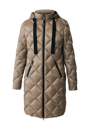 Gevoerde pufferjack in lichtbruin, met een capuchon, zwarte ritsen en twee zijzakken met rits en zwarte accenten.