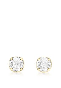 Boucles d'oreilles en métal doré avec des pierres cristallines rondes et transparentes maintenues par quatre griffes, dotées d'une finition métallique lisse.