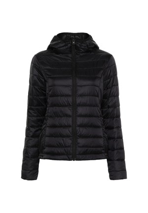 Giacca imbottita nera con cappuccio, caratterizzata da un design trapuntato, chiusura frontale con zip e tasche laterali. Tessuto liscio e lucido.