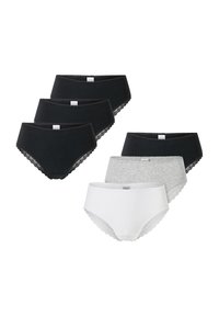 Ett paket med sex kvinnors trosor i svart, grått och vitt. Tillverkade av mjukt tyg med låg midja och spetsdetaljer.