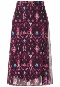 Knä-lång kjol med geometriskt diamantdessign i nyanser av rosa, lila, röd, blå och brunt på ett transparent tygöverdrag.