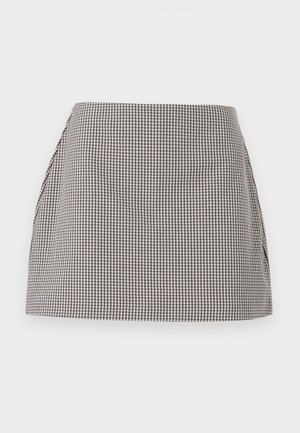 Black and white gingham skirt with a straight cut, pleated sides, and a smooth texture. The fabric features a small check pattern.