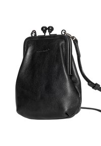 Borsa a tracolla in pelle nera con forma arrotondata, chiusura a cavallotto e tracolla regolabile. Texture liscia con minimi dettagli in metallo.