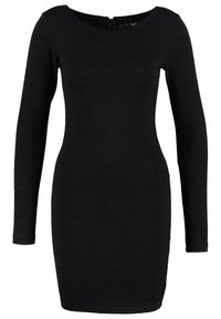Svart långärmad klänning med en figurnära design, som har ett texturerat tyg och rund halsringning; knälång med dragkedja i ryggen.