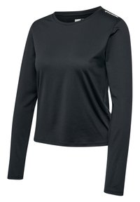 Czarna sportowa koszulka z długim rękawem wykonana z teksturowanej, oddychającej tkaniny. Posiada okrągły dekolt oraz subtelne logo na ramieniu.