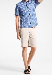 Camicia a maniche corte a quadri blu con colletto button-down, abbinata a pantaloni corti beige e infradito nere. Il modello è in piedi con una mano alzata.