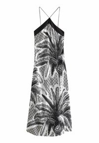 Rochie maxi fără mâneci, alb-negru, cu bretele subțiri, având mari modele cu palmieri și motive geometrice.