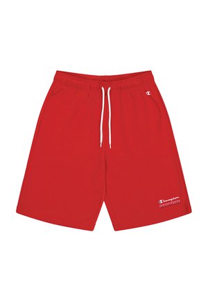 Red athletic shorts made of lightweight fabric. Features an elastic waist with white drawstring and a small Champion logo on the lower left.