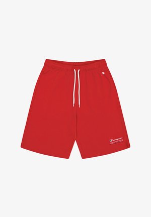 Rote Sportshorts aus leichtem Material. Mit einem elastischen Bund und weißem Kordelzug sowie einem kleinen Champion-Logo auf der unteren linken Seite.