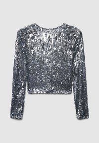 Top in paillettes argentate con maniche lunghe e scollatura rotonda. Superficie testurizzata, lunghezza cropped e lucentezza uniforme in tutto il capo.