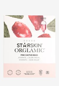 La boîte de masque cactus rose présente des illustrations vibrantes de fruits de cactus, un fond blanc, un texte noir et comprend une capsule pour l'huile faciale.