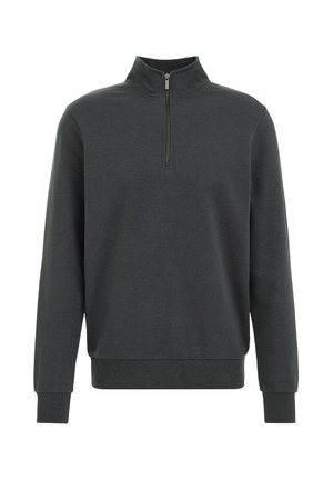 Donkergrijze pullover sweatshirt met een hoge kraag en een half rits. Gemaakt van zachte stof, met lange mouwen en ribbelmanchetten.