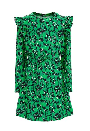 Zielona sukienka z długim rękawem w czarno-biały abstrakcyjny kwiatowy wzór, z falbankami na ramionach oraz kokardą na talii ze sznurka.