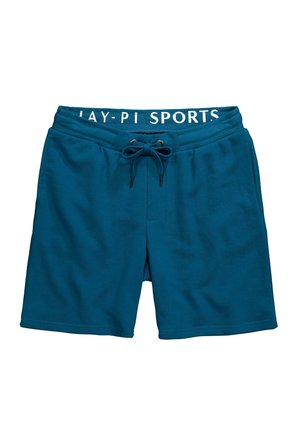Teal sportshorts van zacht materiaal, met een trekkoord in de taille en een wit "PLAY-PI SPORTS"-logo op de tailleband.