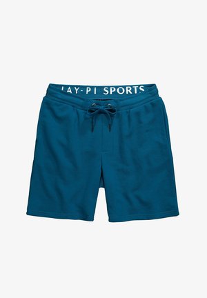 Teal sportshorts van zacht materiaal, met een trekkoord in de taille en een wit "PLAY-PI SPORTS"-logo op de tailleband.